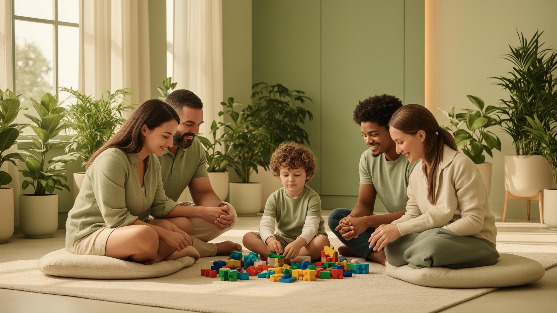 A family playing calmly with their autistic child in a sunlit wellness space